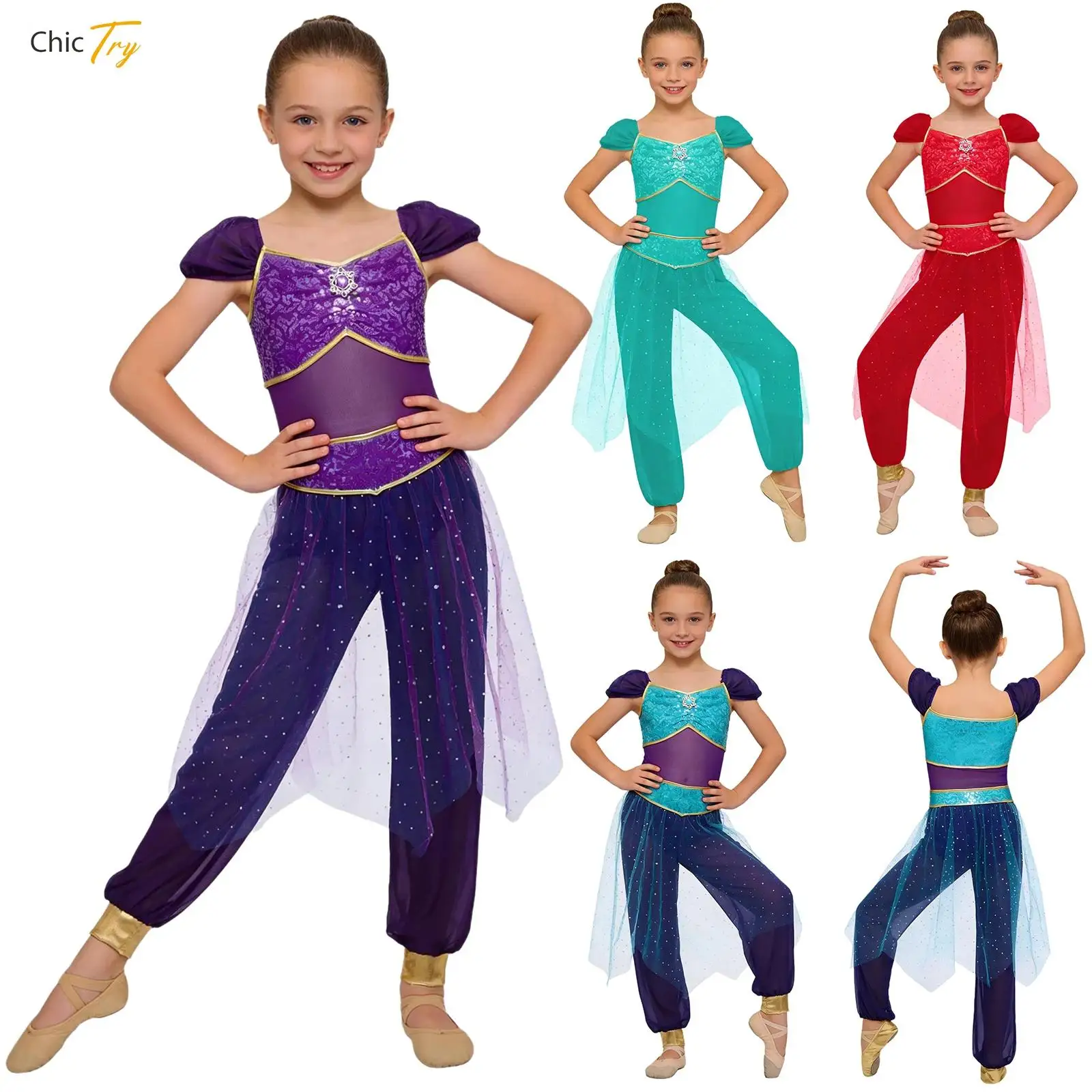 Girls Arabian Princess Cosplay Costume Halloween Carnival Belly Dance Jumpsuit Shiny Rhinestones Sequined Tulle Overlay Rompers