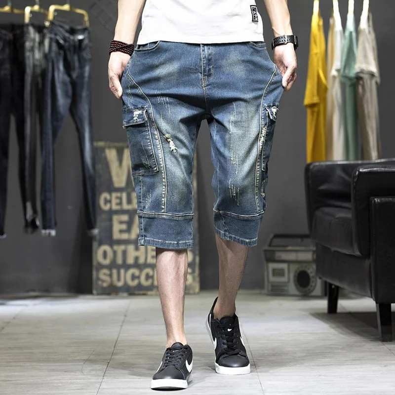 Cargo-Mann-Jeansshorts, knielang, halblang, Bermuda, kurze Jeanshose für Herren mit Taschen, blaue Luxus-Jorts, dünne Streetwear, XL