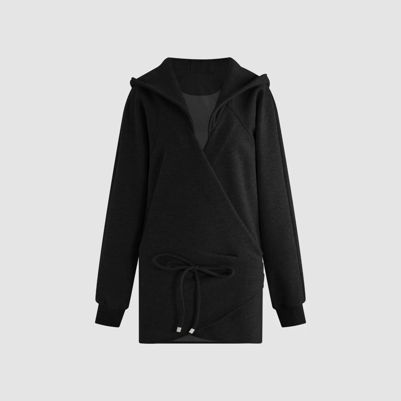 2026 Heavyweight Fleece-Lined Hoodie Dress – Long Sleeve Wrap-Style Sweatshirt Dress with Drawstring Waist in Heather Grey/Black