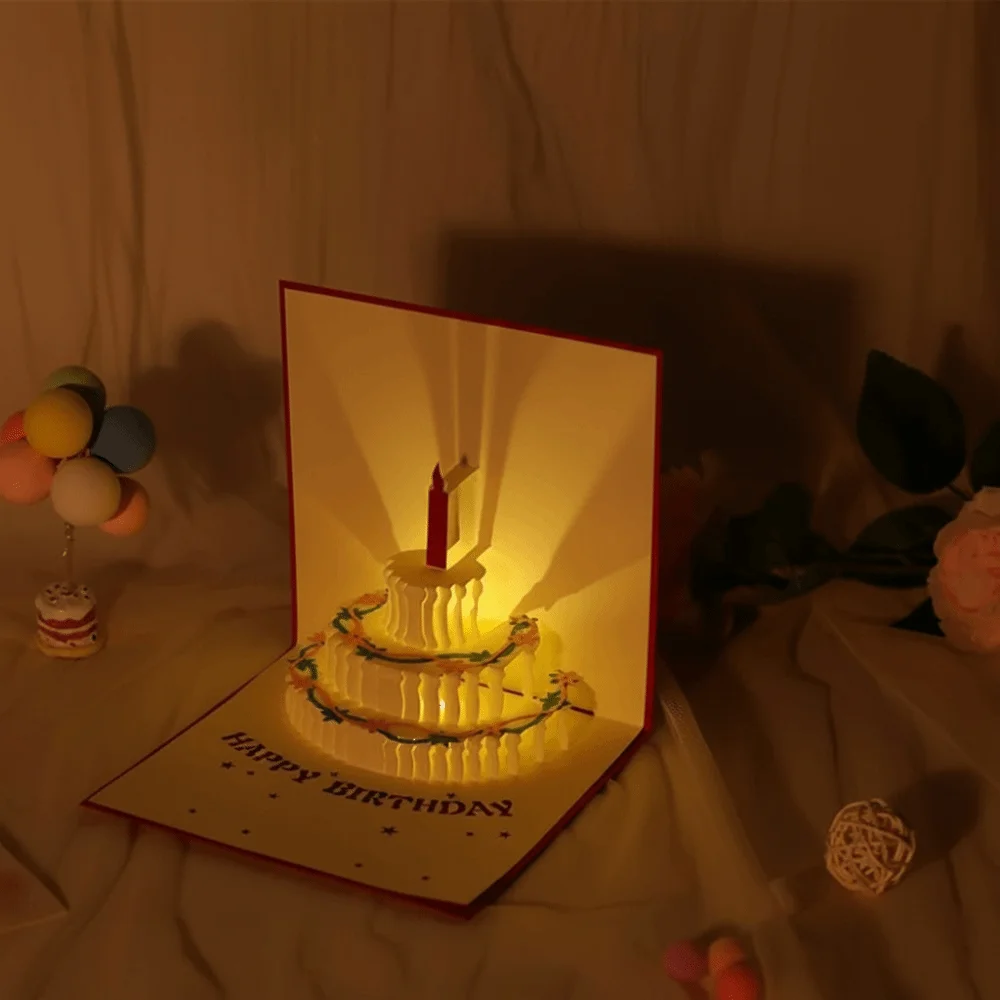 Pop Up 3D Music Light Birthday Cards Foldable Creative Happy Birthday Greeting Card Hollow Automatic Opening