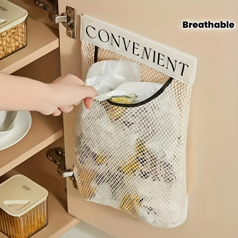 1 Large capacity wall-mounted mesh storage bag，Breathable and reusable，Suitable for cabinet door storage，Possesses multiple func