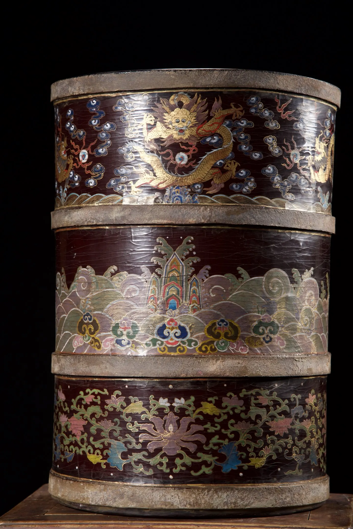 

20"Old wood lacquerware Outline in gold dragon pattern Painting vat Rolling cylinder pen holder Town house Exorcism