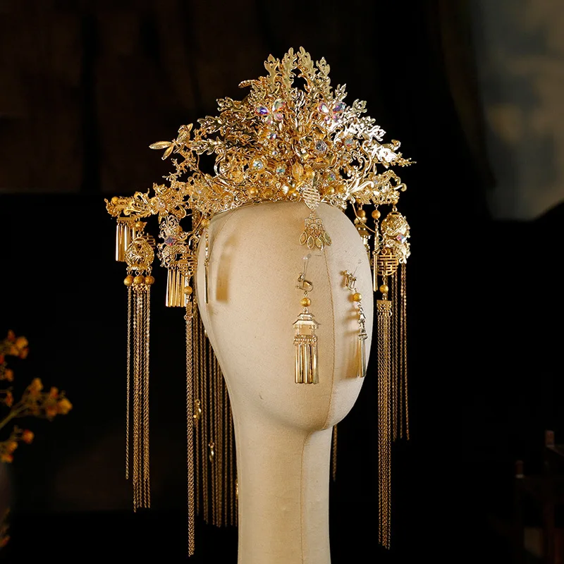 Xiuhe Headdress Bridal Crown Golden High-End Elegant Chinese and Gown Wedding Tuinga Heavy Industry Crown
