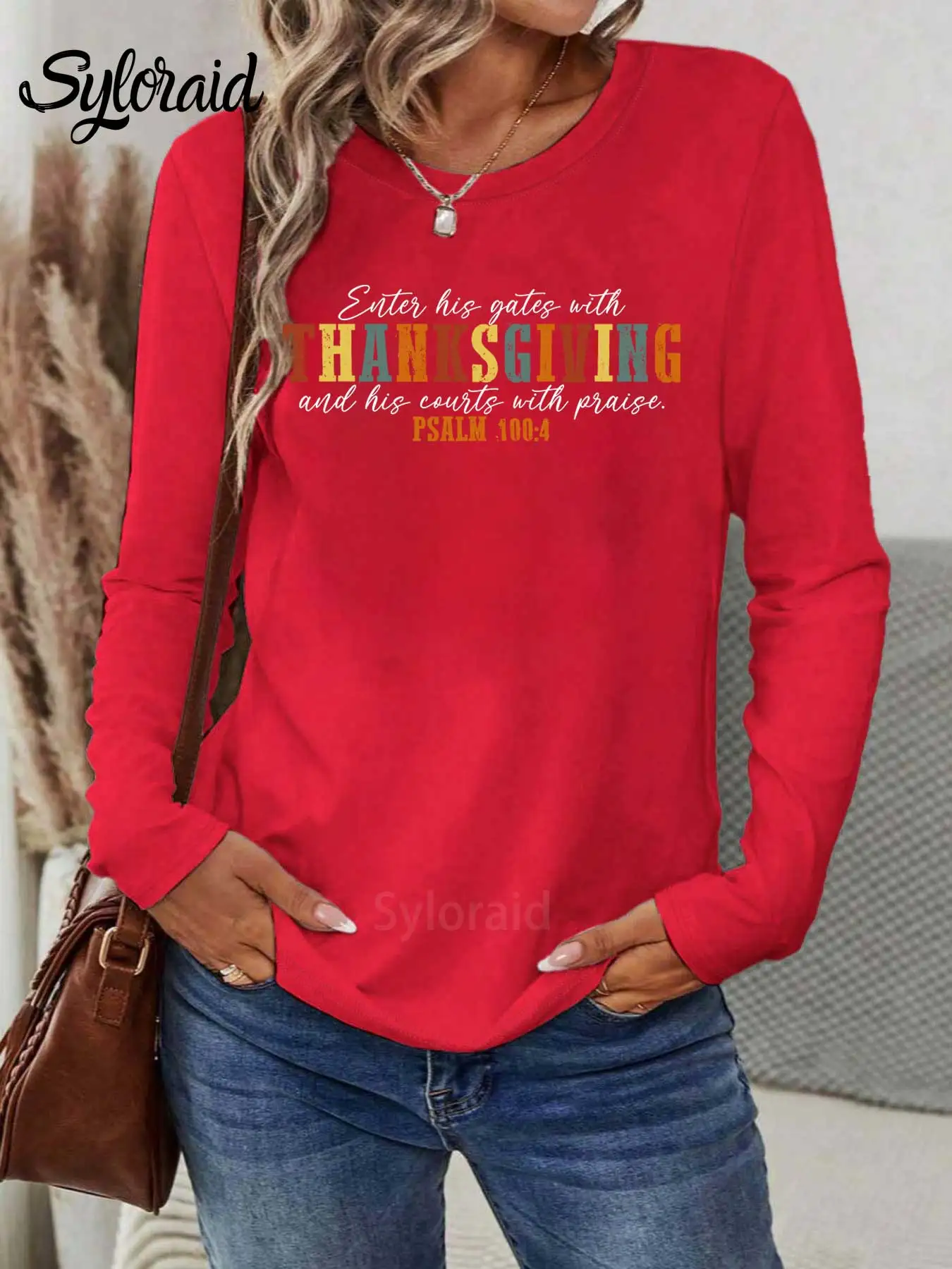المرأة طويلة الأكمام تي شيرت الخريف شكرا تي شيرت مزمور 100:4 الشكر قميص موضة الجولة الرقبة رداء علوي غير رسمي #3