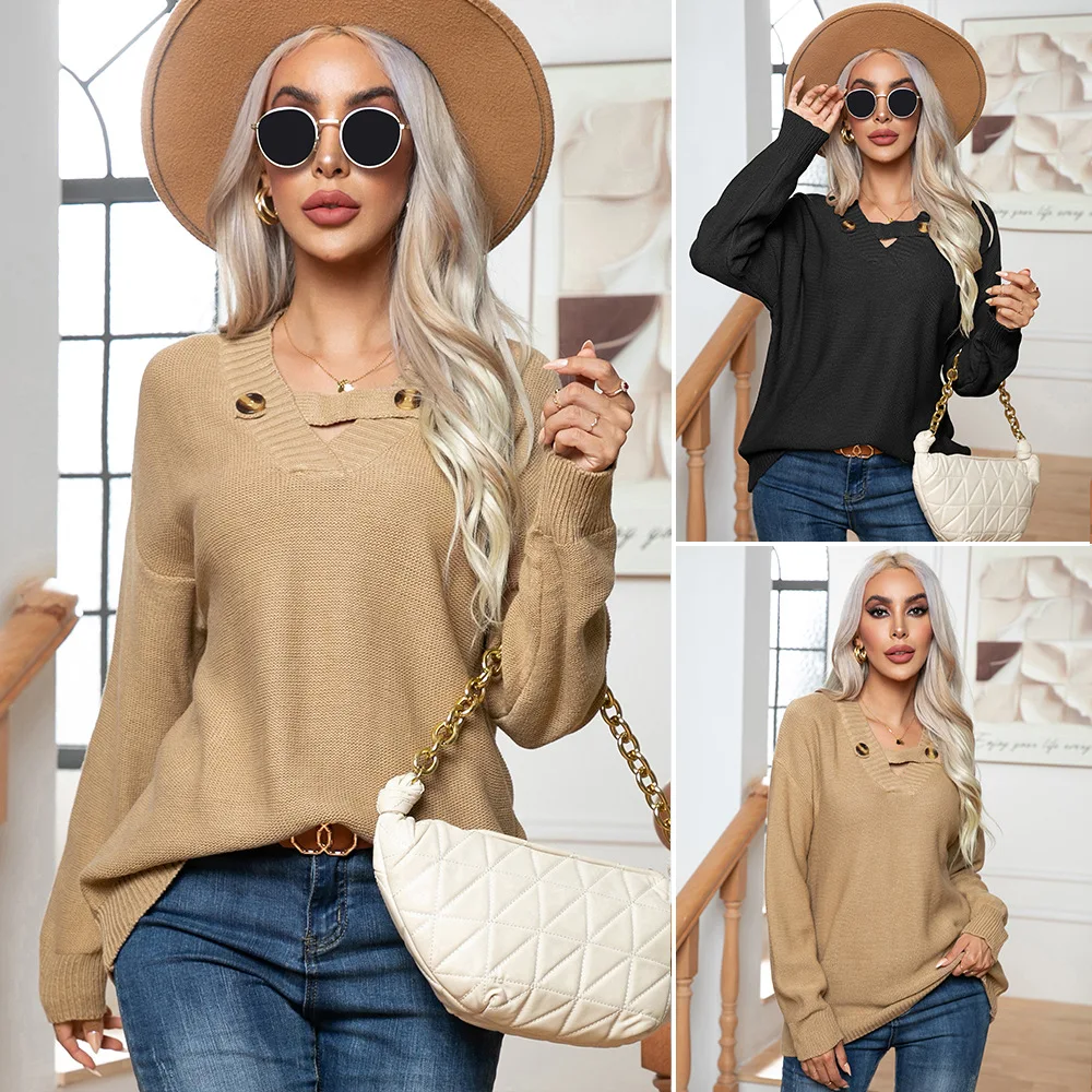 

Design button V-neck sweater women loose autumn and winter long-sleeved European and American sweaters new women's clothing