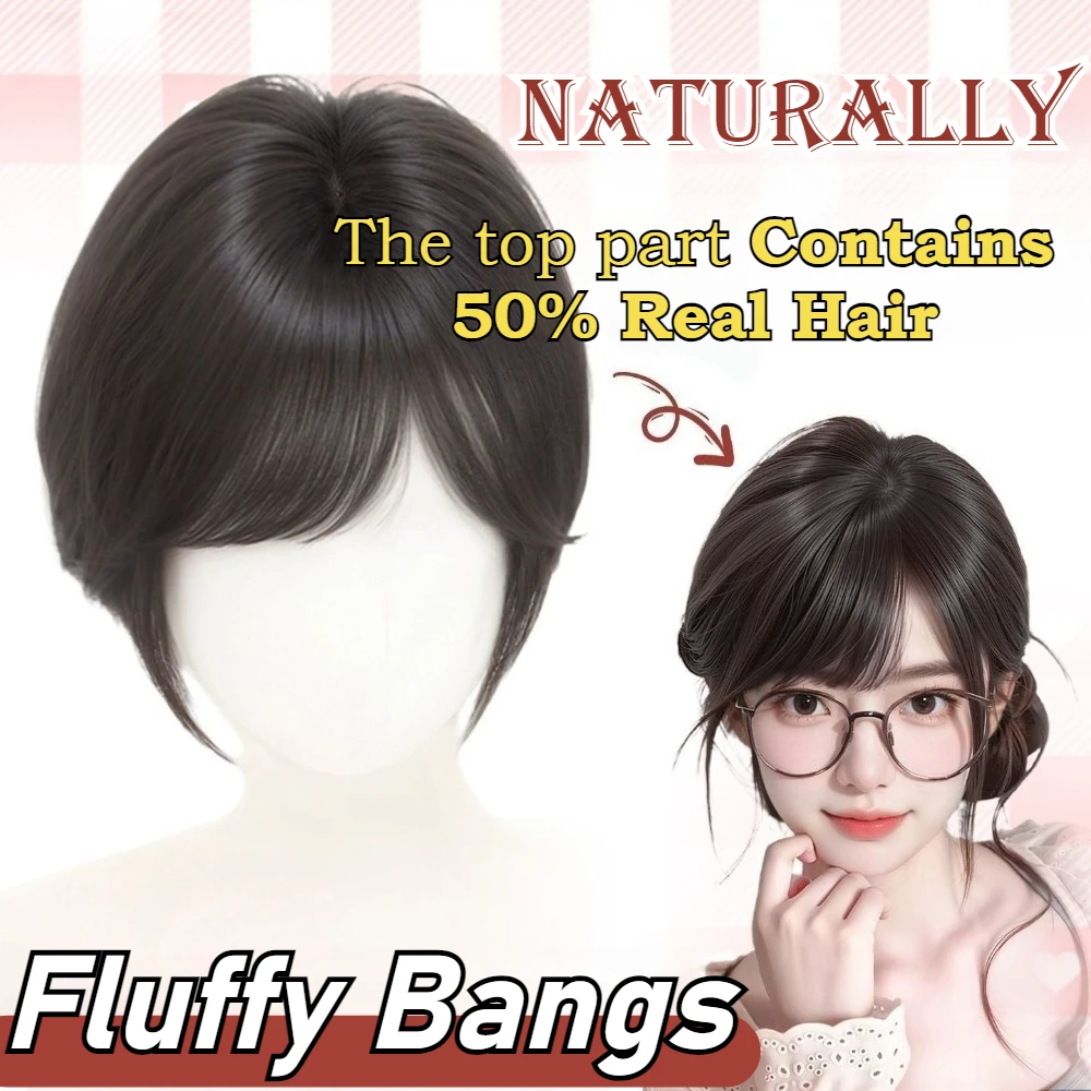 2026 Blended Synthetic Fibers with Real Hair Bangs 10inch Short Clip in Bangs Hair Pieces Fashion Fluffy Hair Topper for Women