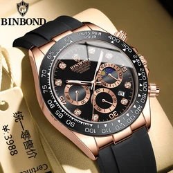 BINBONG Quartz Watch for Men Silicone Strap Moon Phase Date Chronograph Dial Waterproof Sports Fashion Business Men's Wristwatch