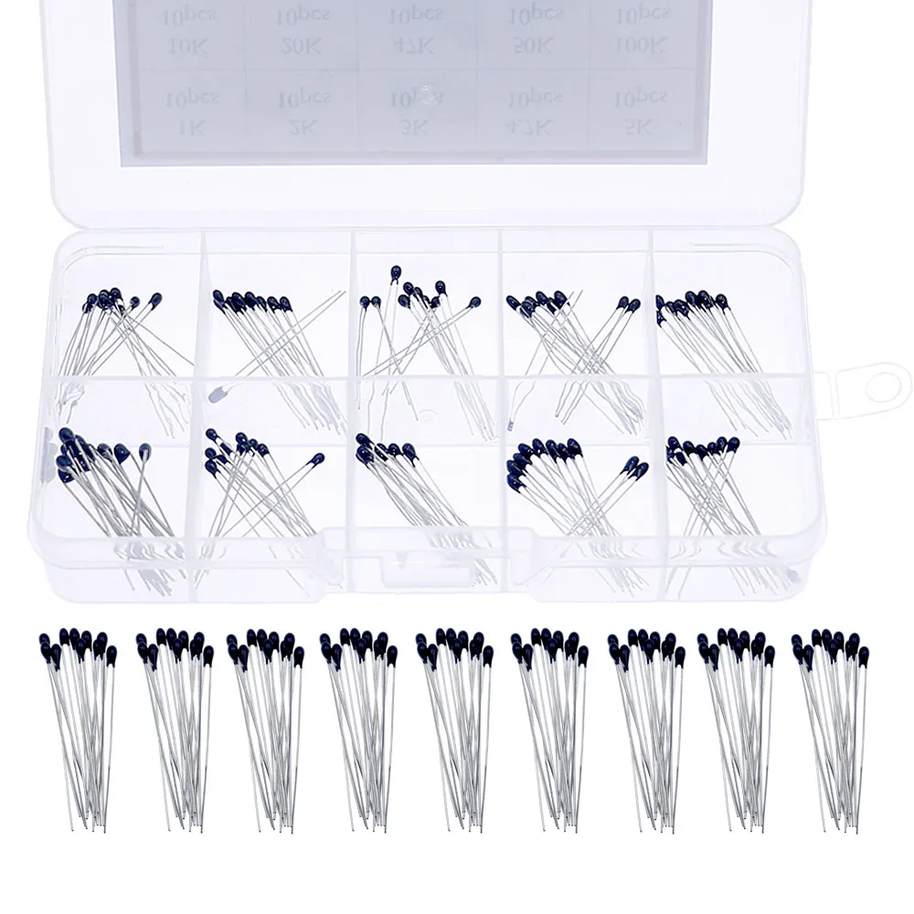 100pcs 10Value black NTC thermistor Thermal Resistor Kit NTC-MF52AT Resistors set 1K 2K 3K 4.7K 5K 10K 20K 47K 50K 100K 5% 3950B