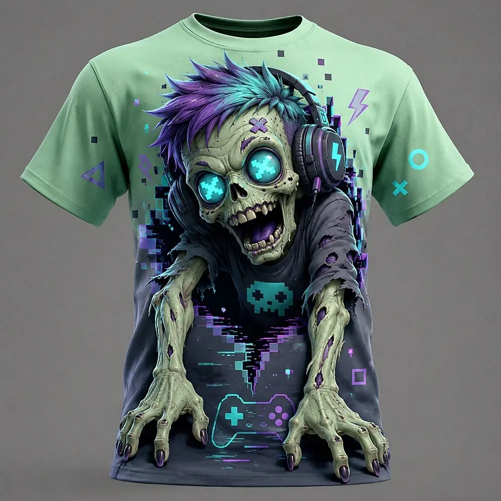 Men's Spring Summer 3D Printed Crew Neck T Shirt, Ripped Paper Crawling Zombie Snack Sign Vintage Funny Graphic Top