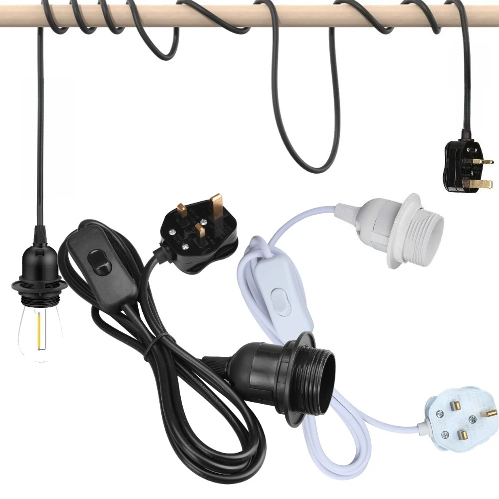 Ceiling Pendant Light Fitting E27 Screw Lamp Holder with Switch Suspended & Lock Ring for Shade 2 Core Extension Cable UK Plug