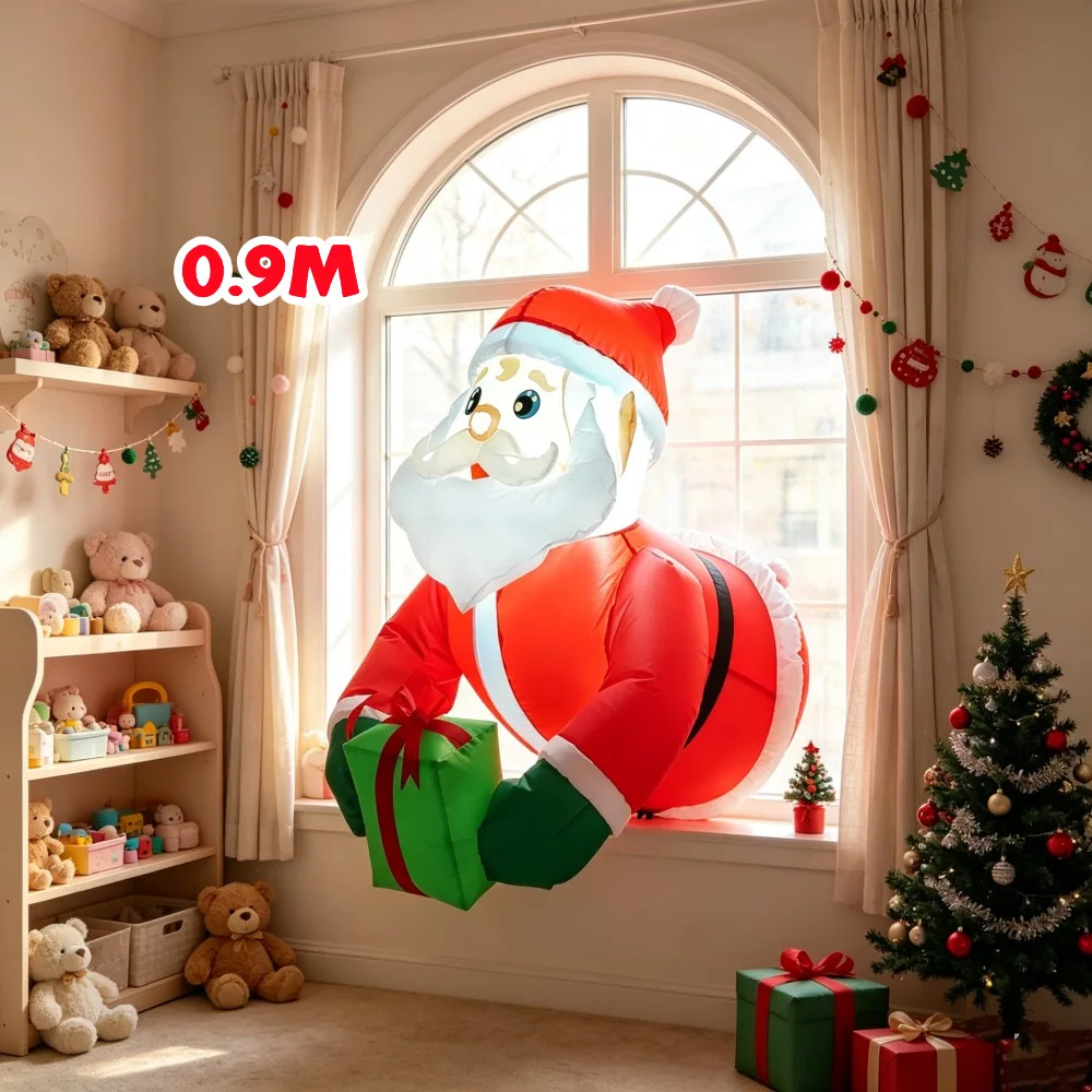 0.9M Inflatable Santa Claus Handheld Gift Box Built-in LED Lights Suitable For Courtyard Balcony Storefront And Store Decoration