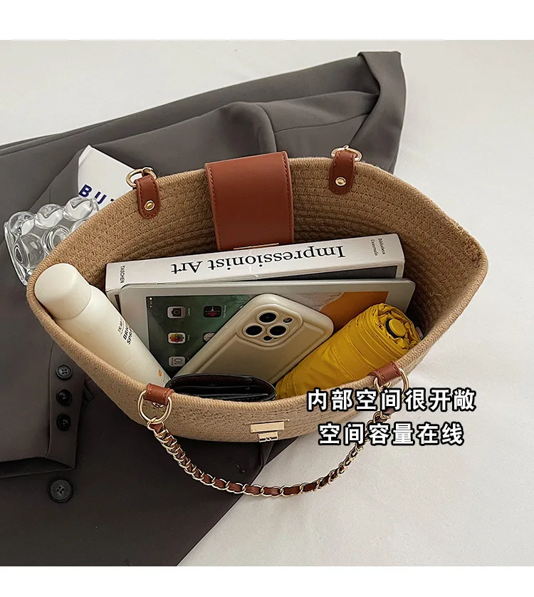 WBS 2024 New Fashion Large Capacity Commuter Bags  for Women Linen Shoulder Bag Summer Seaside Beach Woven Bag Vacation Handmade