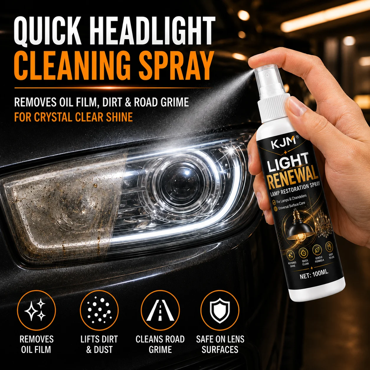 KJM Headlight Cleaner Spray Car Light Lens Oil Film Dirt Remover Chandelier Lamp Renewal Cleaner Auto Detailing 100ml