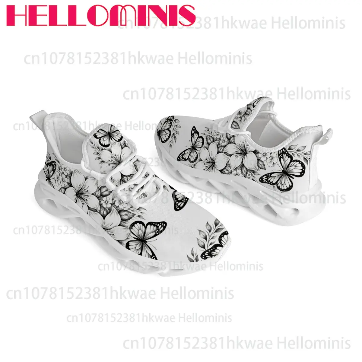 Unisex Casual Walking Shoes Monochrome Flower Butterfly Art Print Lightweight Easy To Wear Daily Wear Sneakers Adult Couple