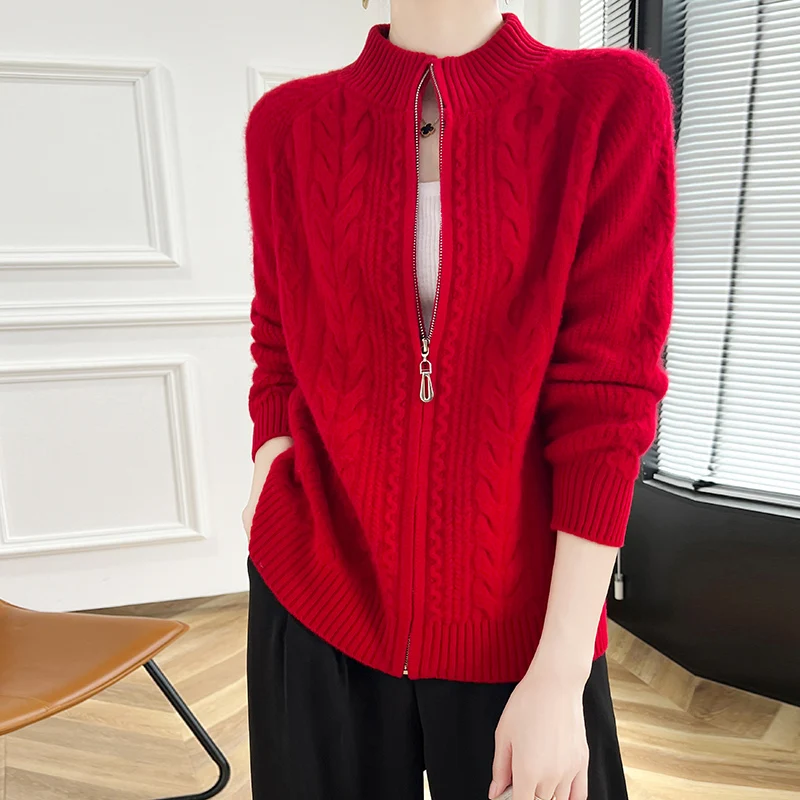 

100% merino wool cardigan New cashmere sweater in autumn and winter women's semi-high neck cardigan warm knit bottoming coat