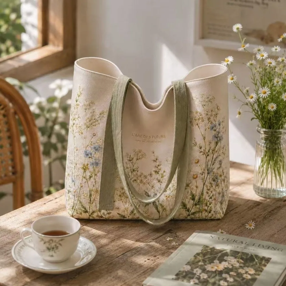 New Cotton Canvas Canvas Tote Bag Durable Lightweight Carry Bag Green Daisy Print Travel Bag Shopping Trips