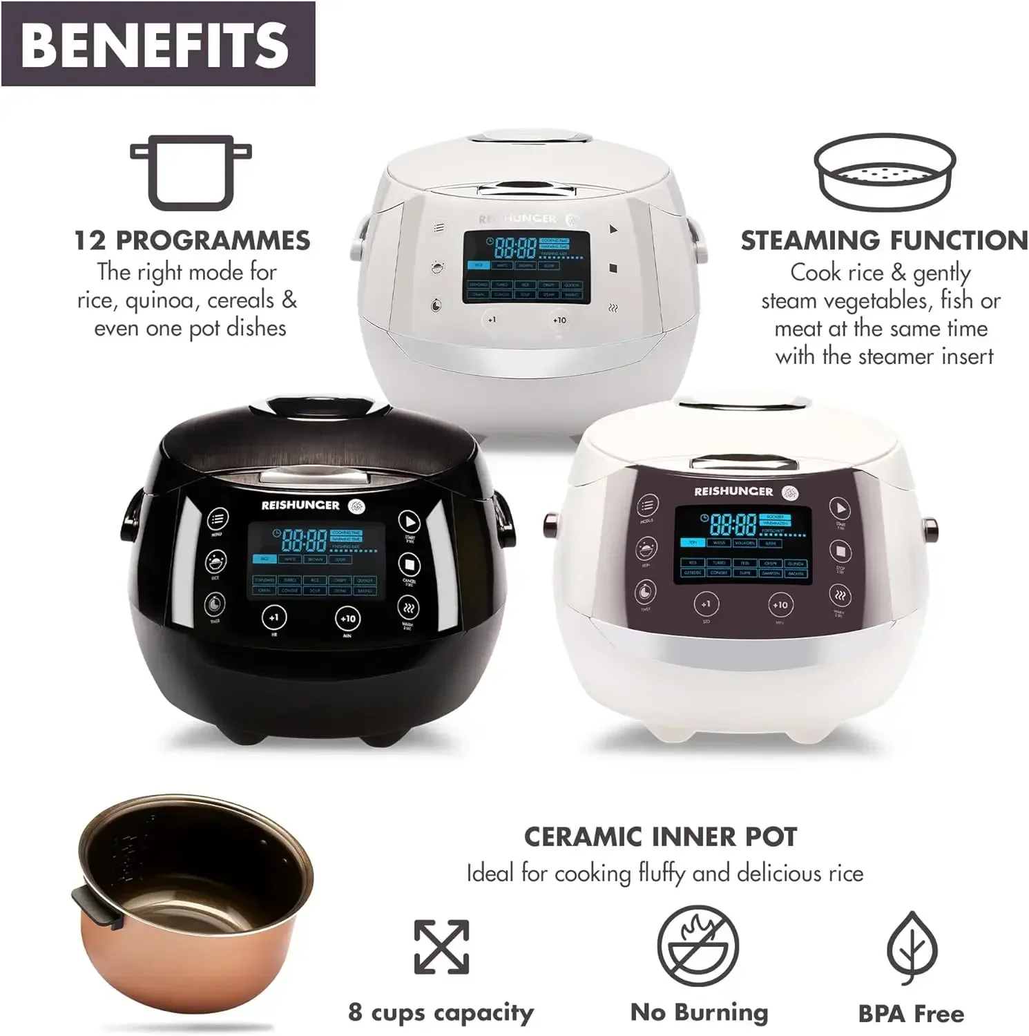 Reishunger Digital Rice Cooker and Steamer, Black, Timer - 8 Cups  Premium Inner Pot, Multi  with 12 Programs & 7Phase T