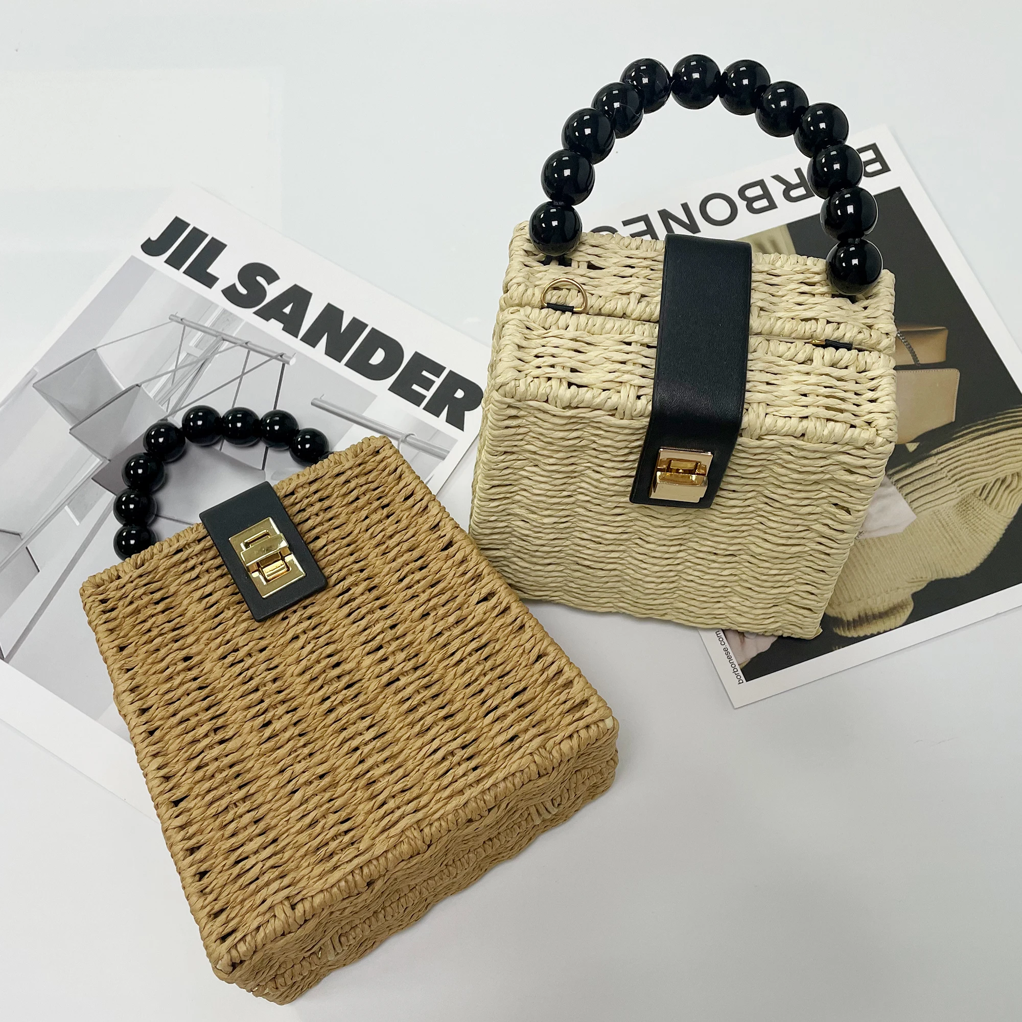 Cute Wooden Beaded Woven Bag Summer Beach Sen Metal Locking Shoulder Straw Bag Ladies Handbag Woven Bag Beach Shoulder Bag