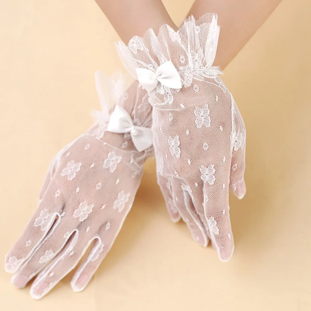 Soft Breathable Bridal Gloves Bow Thin Mesh Lace Gloves Lightweight Gauze Wedding Mittens Masquerade