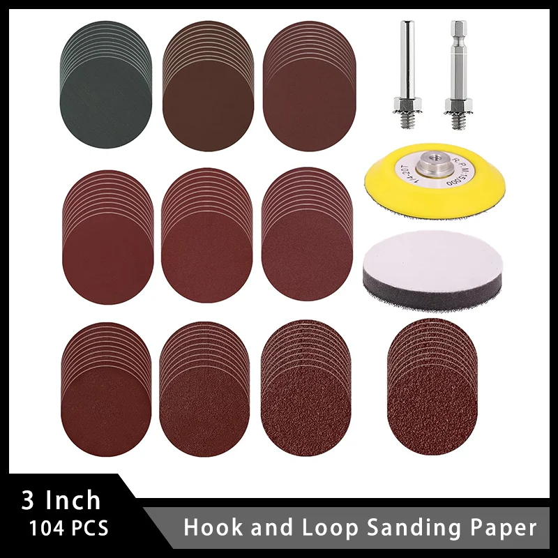 3 Inch Hook and Loop Sanding Paper 104 Pcs with 1/4