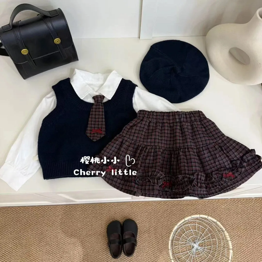 Girls Autumn College Style JK Suit New Children Fashion Style Shirt Knitted Vest Pleated Skirt Three-piece Set Solid Sets