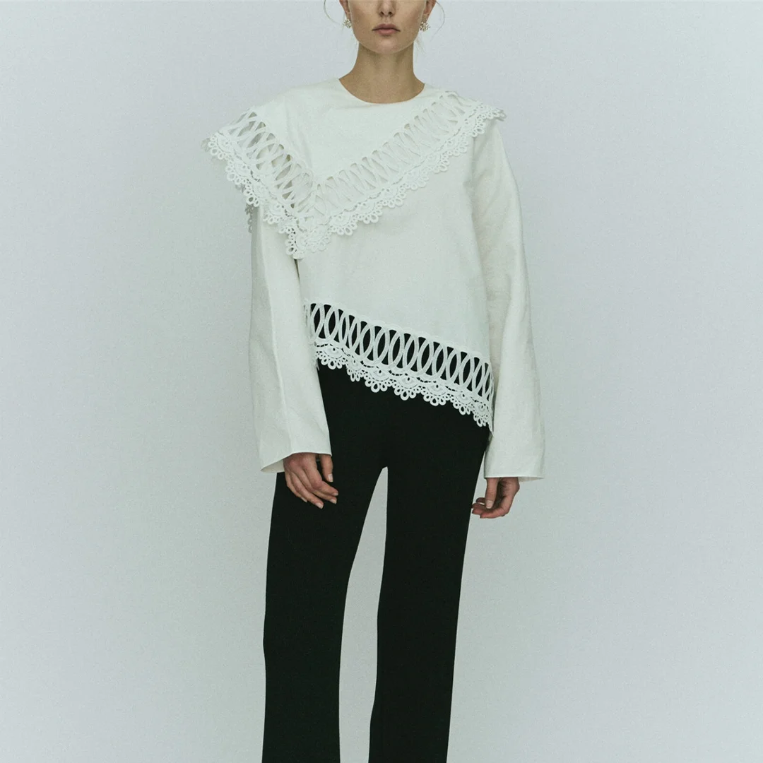 

2025 Early Spring Large Collar Long Sleeve Top Asymmetrical Lace Pullover Shirt For Women