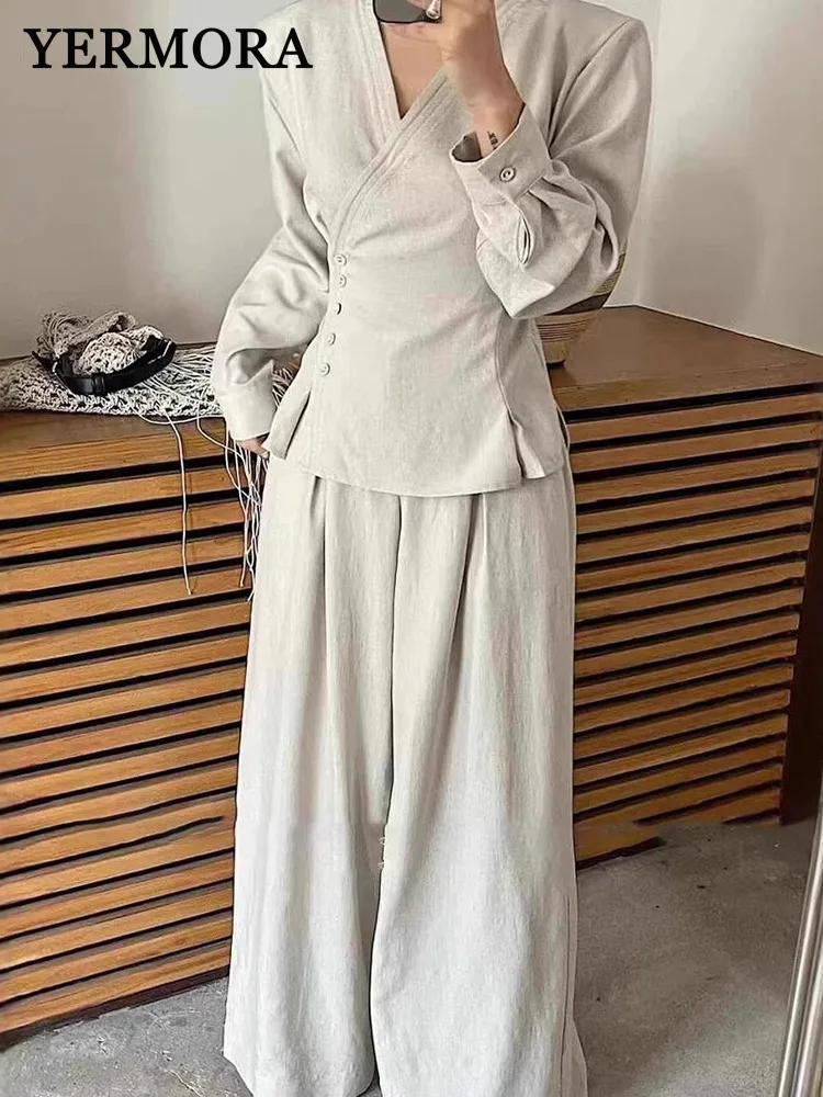 

YERMORA Women Two Pieces Set Beige Buckle Vest V-neck Long Sleeve Loose New Wide Leg Pants Fashion Tide Spring Autumn 2025