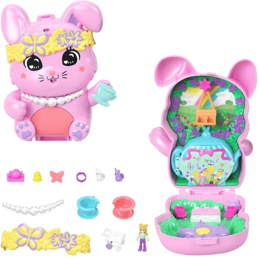 

Polly Pocket Tea Party Bunny Compact Playset with 1 Micro Doll Pet Bunnies Styling Accessories