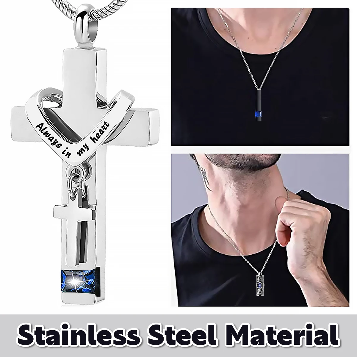 4Pcs Urn Necklace Set Stainless Steel Cremation Jewelry Heart Cylindrical Cross Rectangular Ashes Keepsake Waterproof Urn