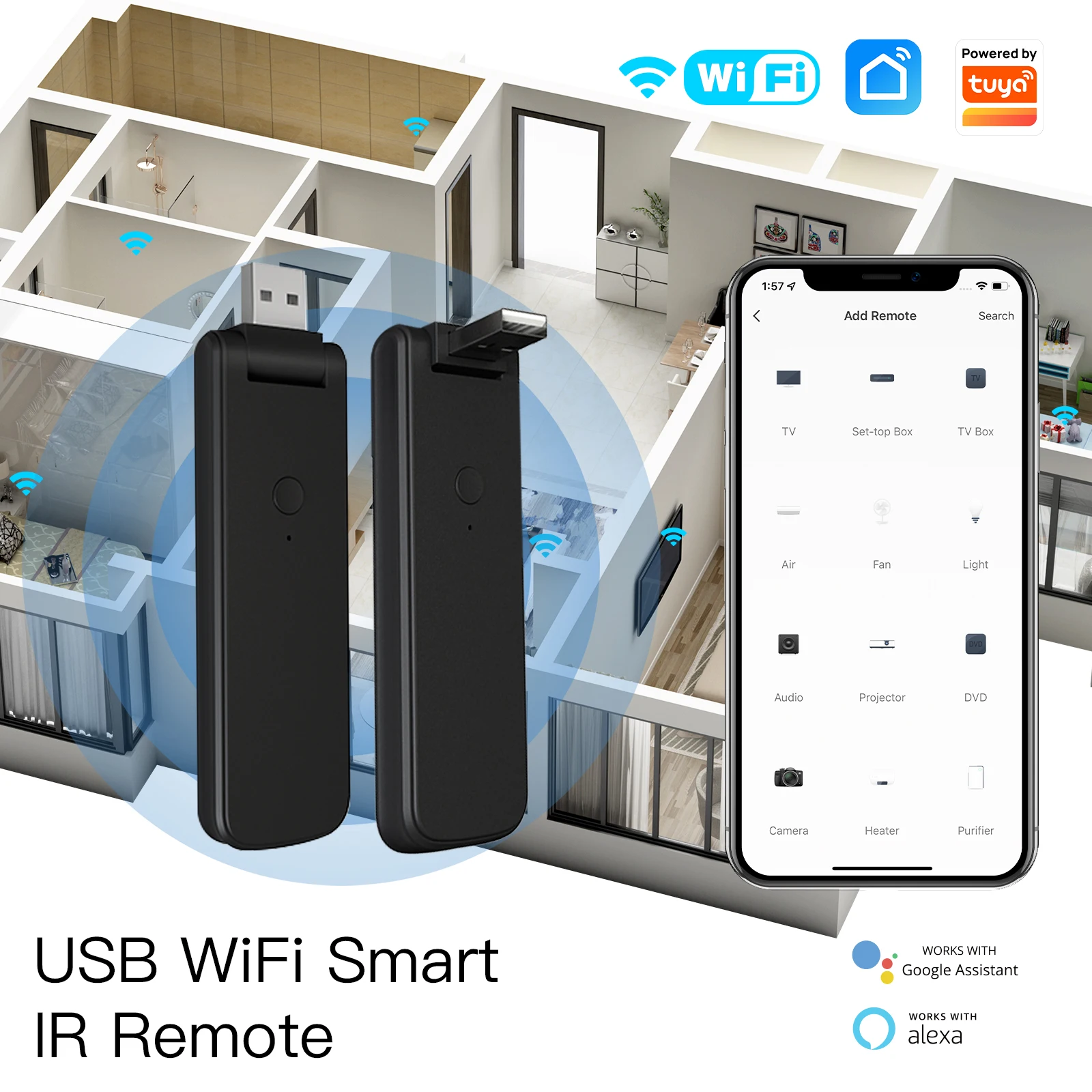 MOES-controlador remoto WiFi infrarrojo para el hogar, controlador inalámbrico USB IR para ventilador de TV IR, compatible con Alexa, Tuya