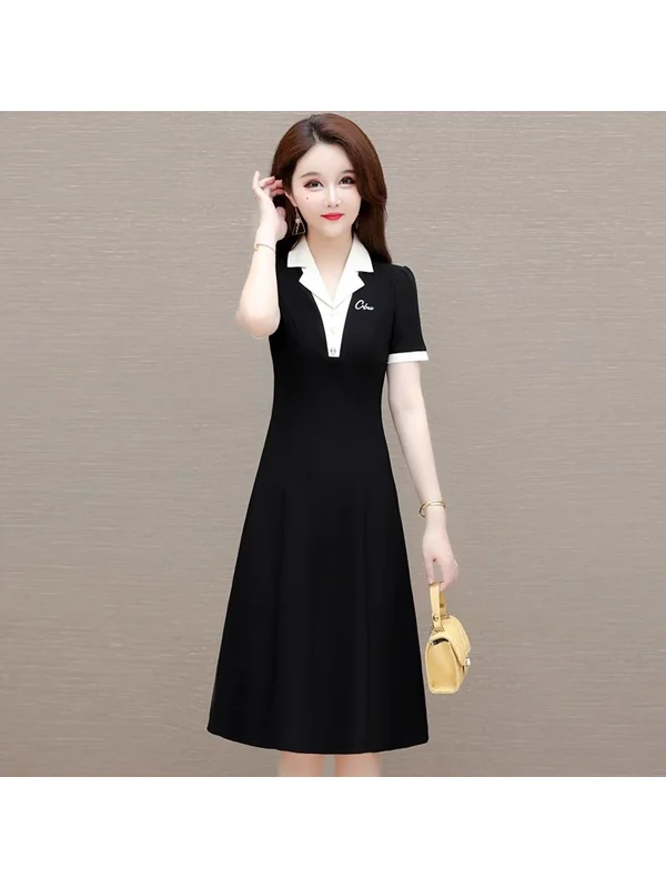 

Casual Style Black Dress Summer Fashion Cover Belly Slimming Goddess Look Middle-Aged Women's Silk Blend Neck Dress
