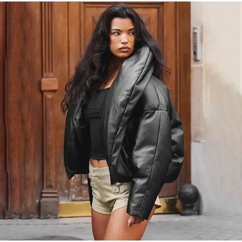 Black Hoodless Short Cotton Coat Women Chic Lapel V-Neck Long Sleeves Loose Puffer Padded Jackets Lady Winter Daily Commute Wear