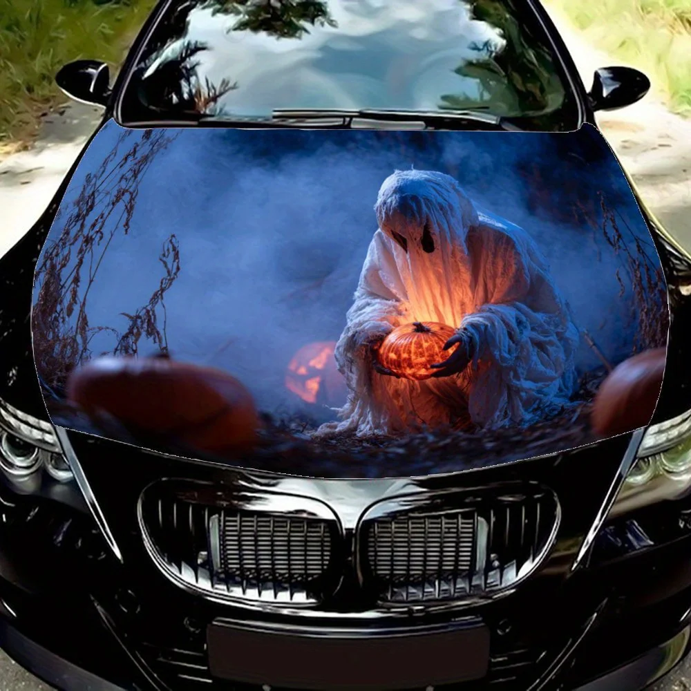 

Виниловая наклейка на капот автомобиля с призраком на Хэллоуин, универсальная наклейка на крышку двигателя, прочный бумажный материал, защитная пленка для автомобиля H