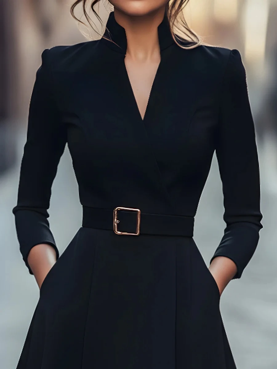 Autumn and winter temperament commuting waist slimming V-neck long-sleeved A-shaped medium-long belt skirt for women - Image 2