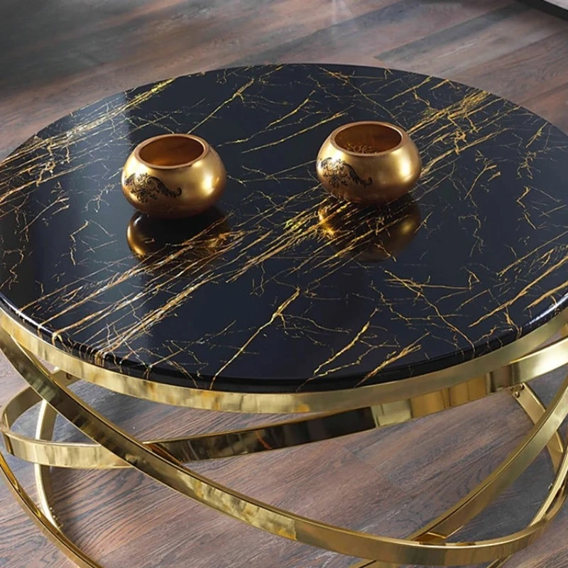 Quality Living Room Gold frame black glass Top Coffee Table Round Coffee Table