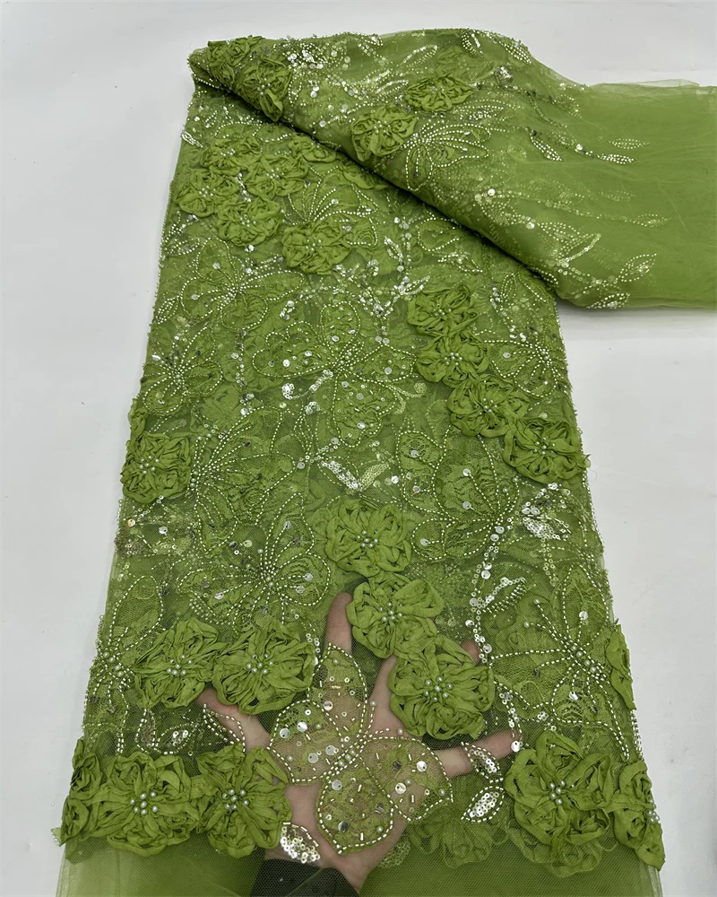 2025 Ręcznie Robiona Koronka z Koralikami Francuska Zdobiona Cekinami Haftowane Kwiaty 3D Nigeryjska Koronka Siatkowa Ślubna do Szycia RF65TY-19