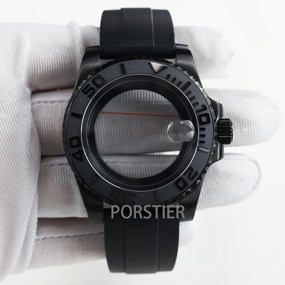 40mm Black PVD NH35 Watch Cases Rubber Strap Sapphire Glass For Seiko nh34 nh35 nh36 Movement 28.5mm Dial YACHT-MASTER Case