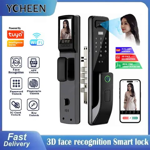 Tuya Wifi App 3D 얼굴 지문 키 코드 비디오 인터콤 임시 암호 안전 전자 잠금 장치가있는 스마트 디지털 도어 잠금 장치