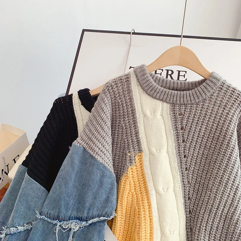 Denim Frayed Patchwork Long Sleeve O-Neck Mohair Knit Jumpers Women\'s Sweater Loose Female Sweaters Tops Woman Clothing Fashion