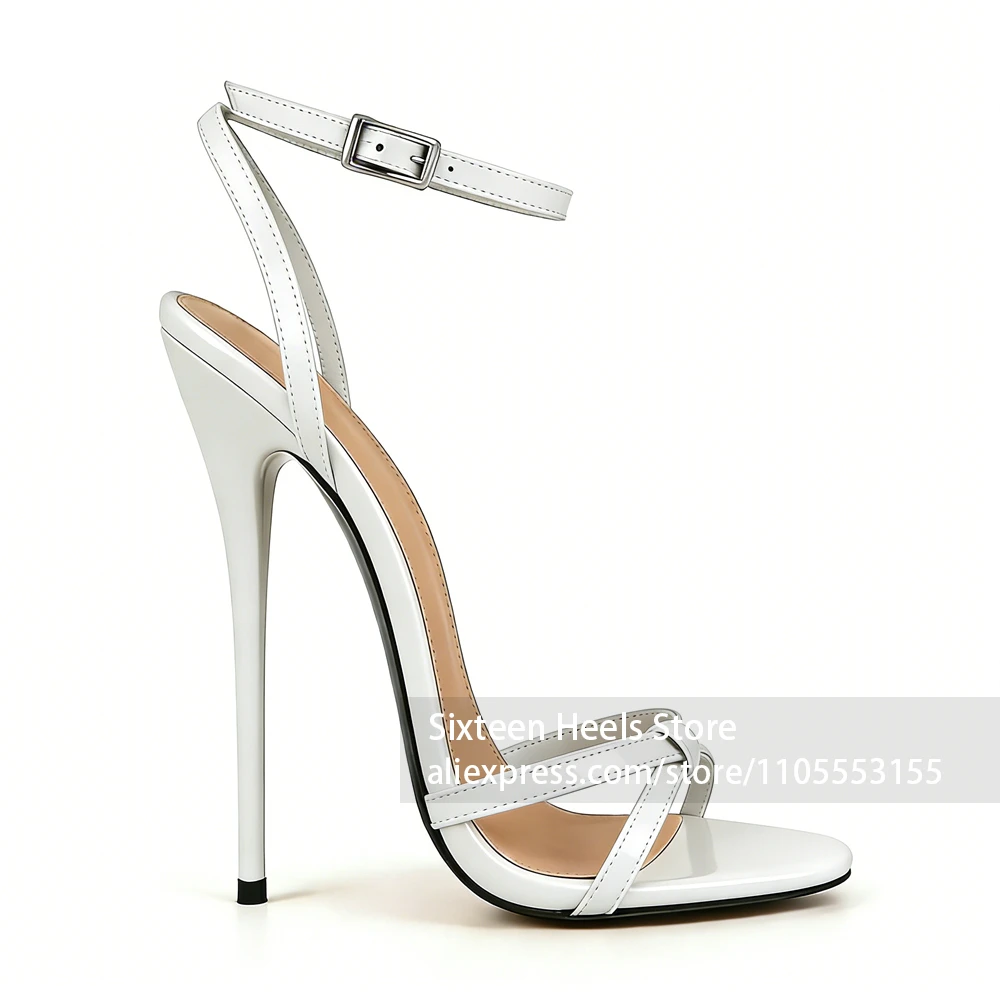16cm Lacquered Heel Knot Sandals Sweet Style Ankle Strap Summer Shoes Round Open Toe Metallic Squqre Buckle High Heels for Women