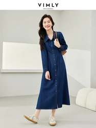 Vimly Women Cotton Washed Denim Dress Spring 2024 Retro Long Sleeves Button Up A-line Fitted Midi Dresses Woman Clothing 72981