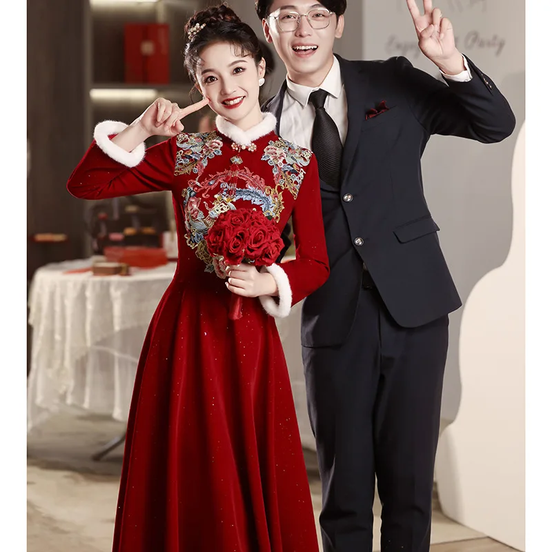 

Новое китайское свадебное платье Ханьфу с длинными рукавами, на подкладке, для помолвки и вечерних мероприятий, для невесты