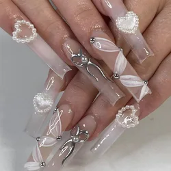 24Pcs Blue Long False Nails Butterfly Ballet French Cartoon  Wearable Fake Nails Full Cover Design Press on Nails Tips Art