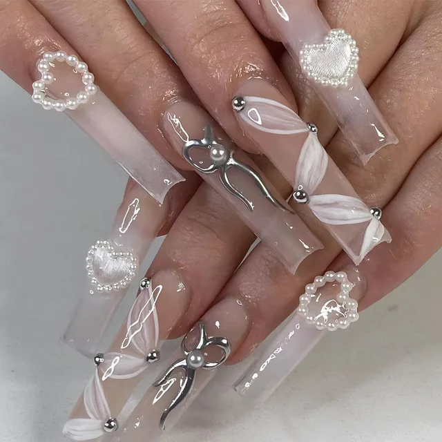 24Pcs Blue Long False Nails Butterfly Ballet French Cartoon Wearable Fake Nails Full Cover Design Press on Nails Tips Art
