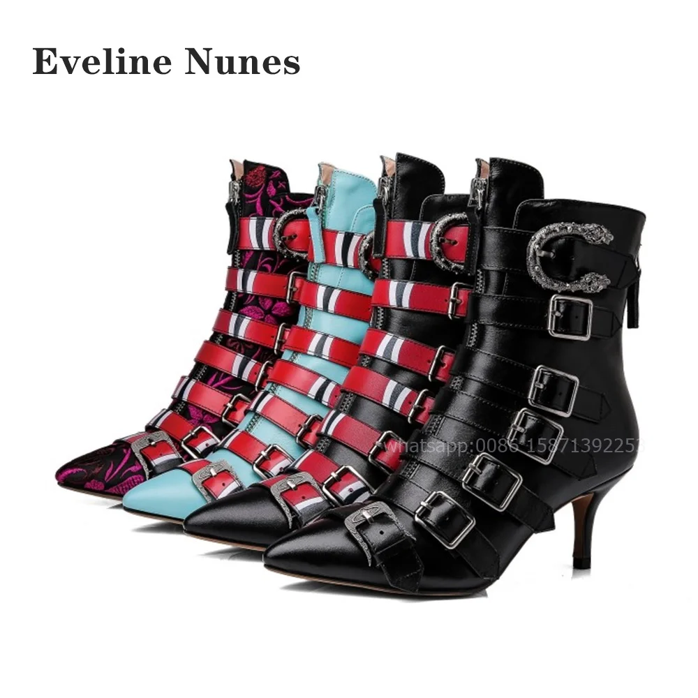 Belt Buckle Metal Decoration Boots Pointed Toe Stiletto Zip Mixed Colors Booty Patchwork Crystal Stone Retro Sexy Women Shoes