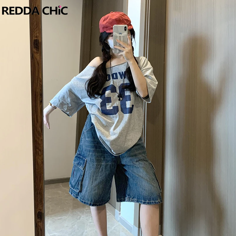 

REDDACHiC Big Pockets Women Baggy Jorts High Rise Whiskers Do Old Knee Long Straight Cargo Denim Shorts Casual Vintage Workwear