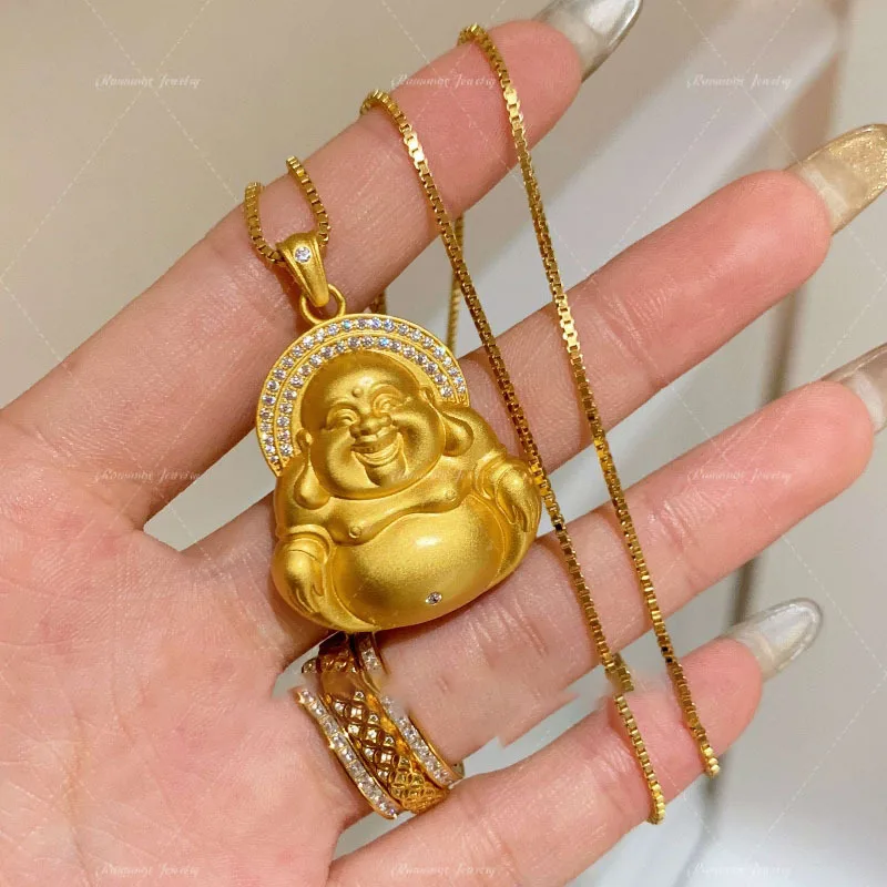 Retro big belly Maitreya Buddha pendant Classic antique gold crafts point diamonds charms high-end collar chain jewelry