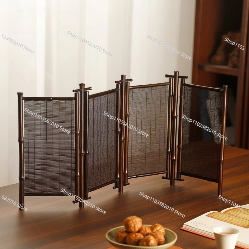 Biombo Zen de Bambú y Seda Finamente Tejido, Separador Hueco para Mesa de Té en Espacios de Té