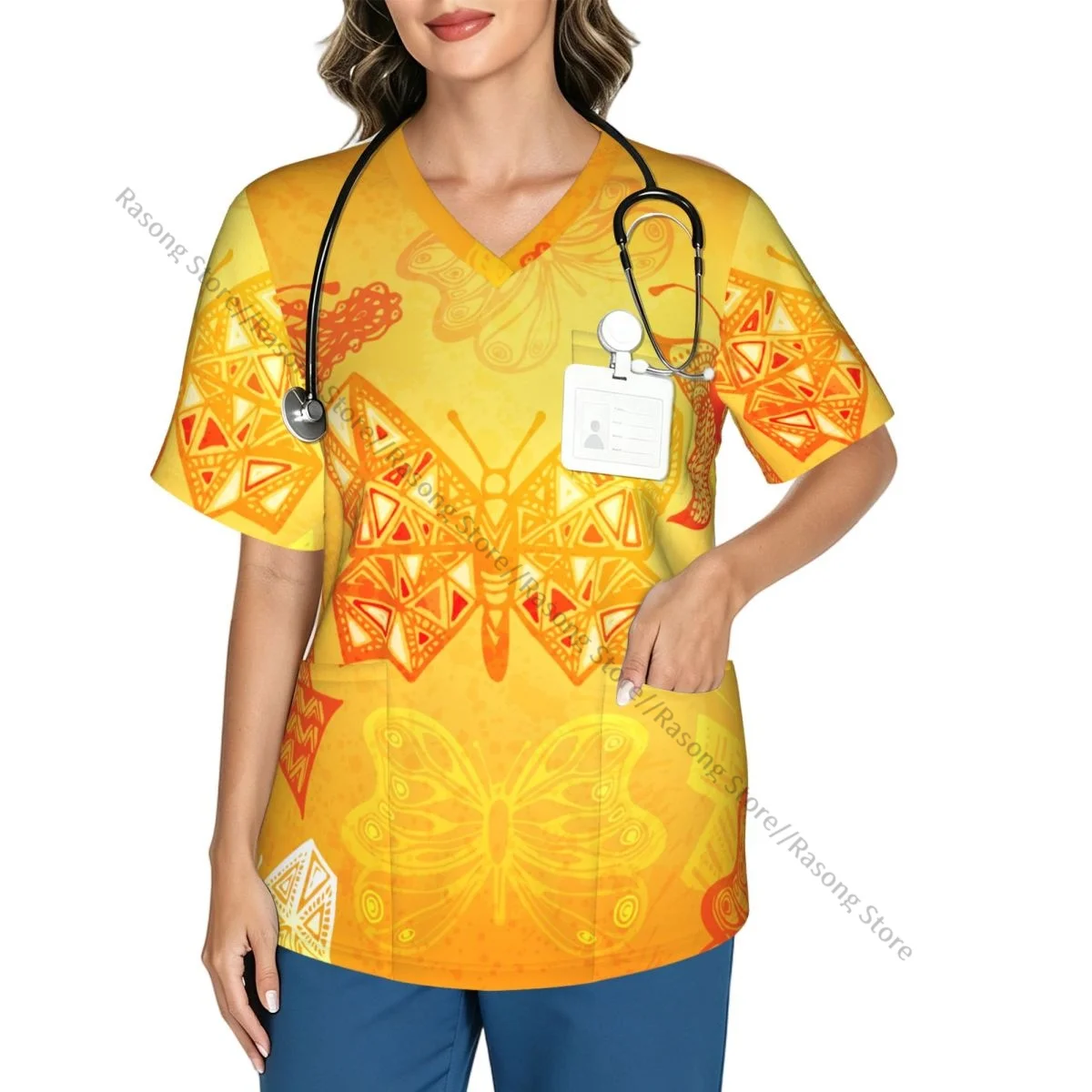 Ethnic Butterflies Scrubs tops medical uniforms women V Neck Stretch Scrub Shirt Dentist doctor Blouse