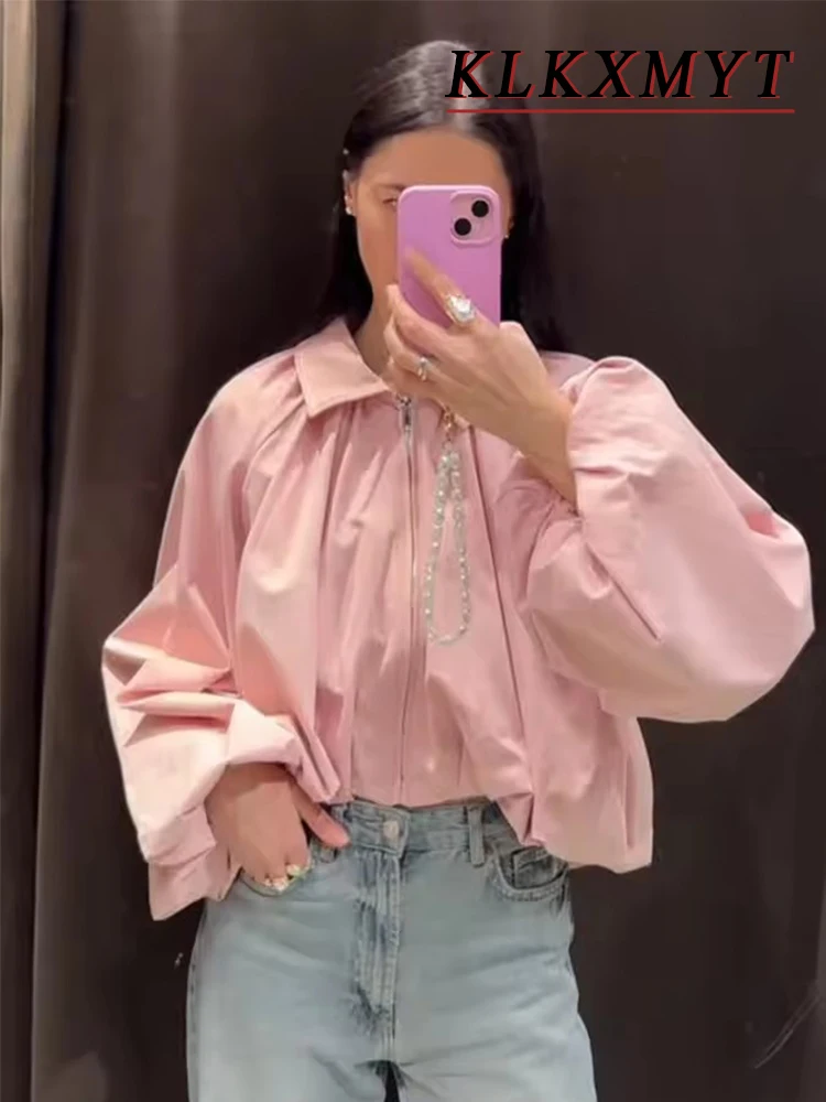 Damen Rosa Puffärmel Plissierte Bomberjacke mit Reißverschluss Vorne Lässige Lose Kurze Jacke Elegante Bürojacken für Damen
